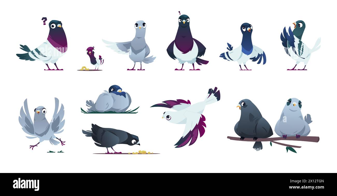 Cute pigeon characters. Cartoon flying doves with different emotions, romantic couple and family with kids, flying birds in love. Vector set Stock Vector