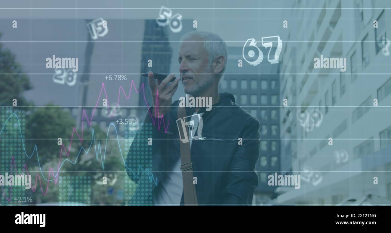 Image of numbers and data processing over caucasian man using smartphone Stock Photo