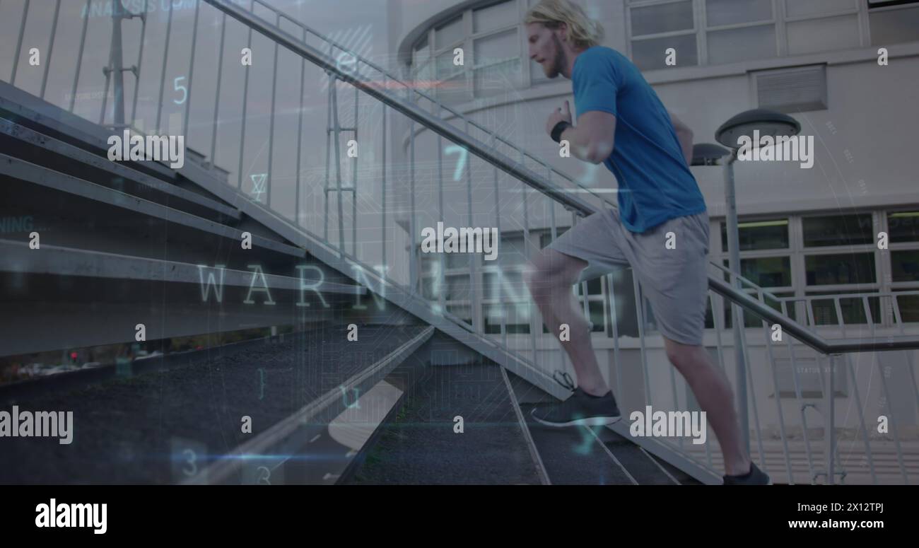 Image of texts, numbers, letters and symbols over caucasian man running up stairs Stock Photo