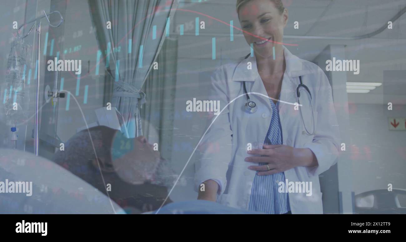 Image of graphs and trading board over diverse examining and talking with patient in hospital Stock Photo