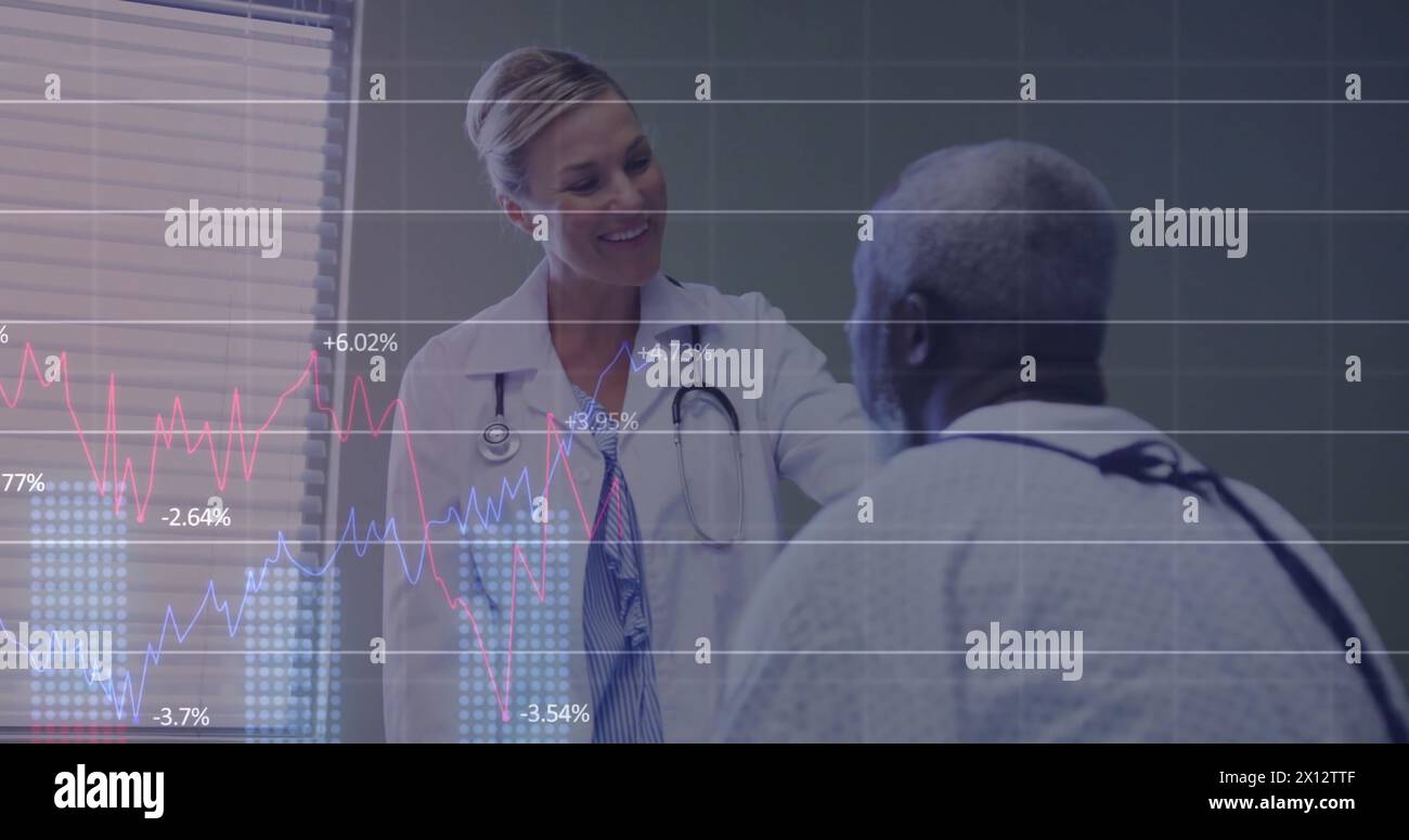 Image of multiple graphs with changing numbers, diverse female doctor talking with patient Stock Photo