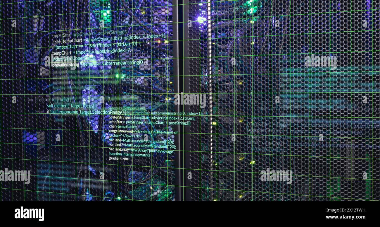 Image of multicolored computer language over illuminated data server system Stock Photo