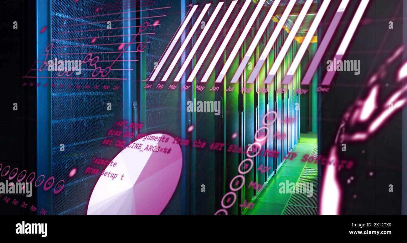 Image of graphs, globe and computer language over data server room Stock Photo