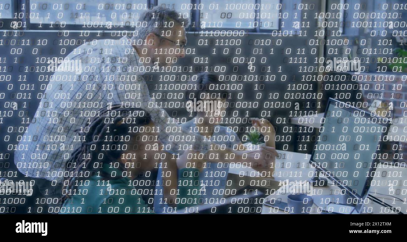 Image of binary coding data processing over diverse business people in office Stock Photo