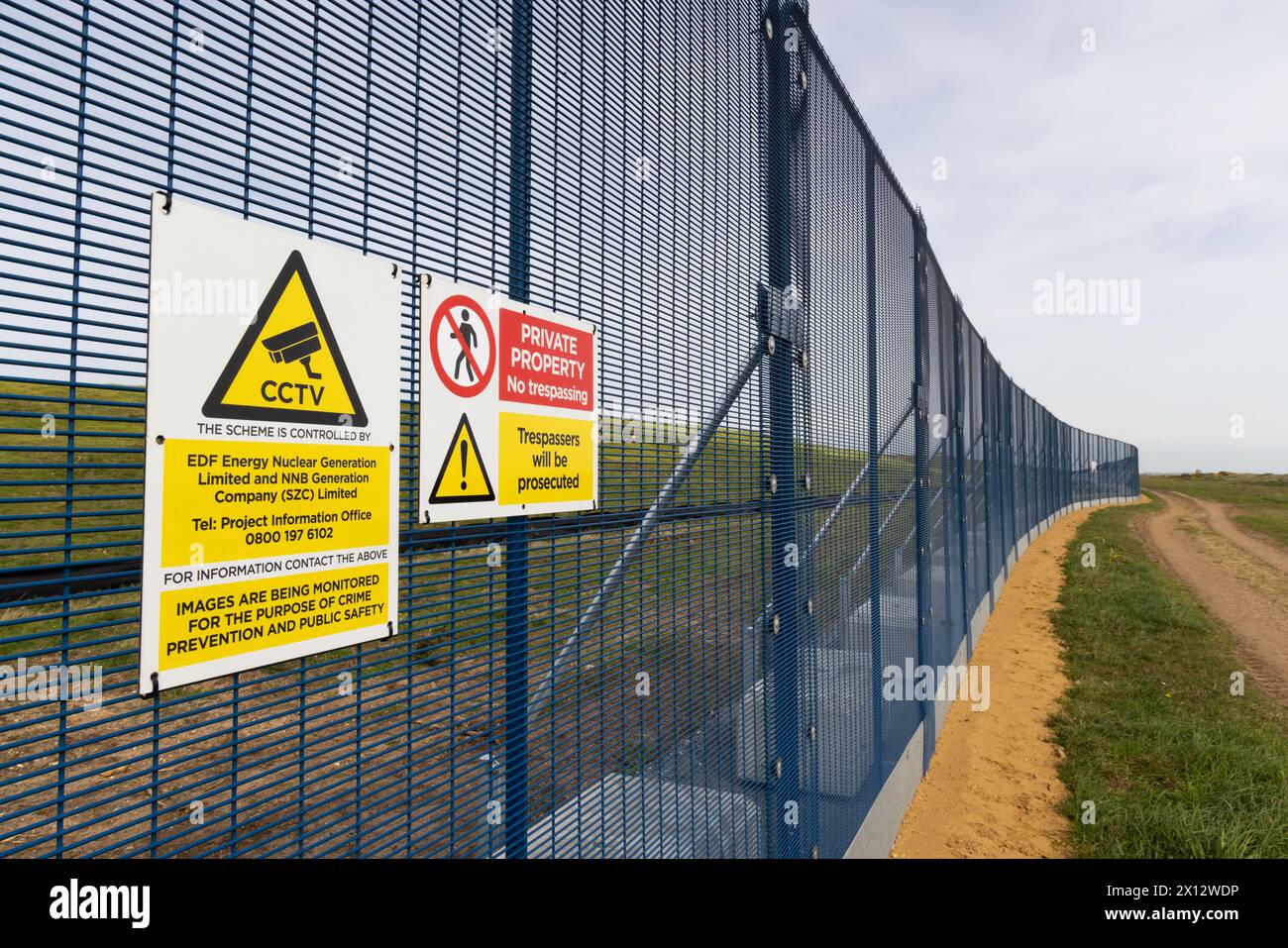 New fencing erected at the forthcoming Sizewell C nuclear power station construction site by Sizewell Beach. Suffolk. UK Stock Photo