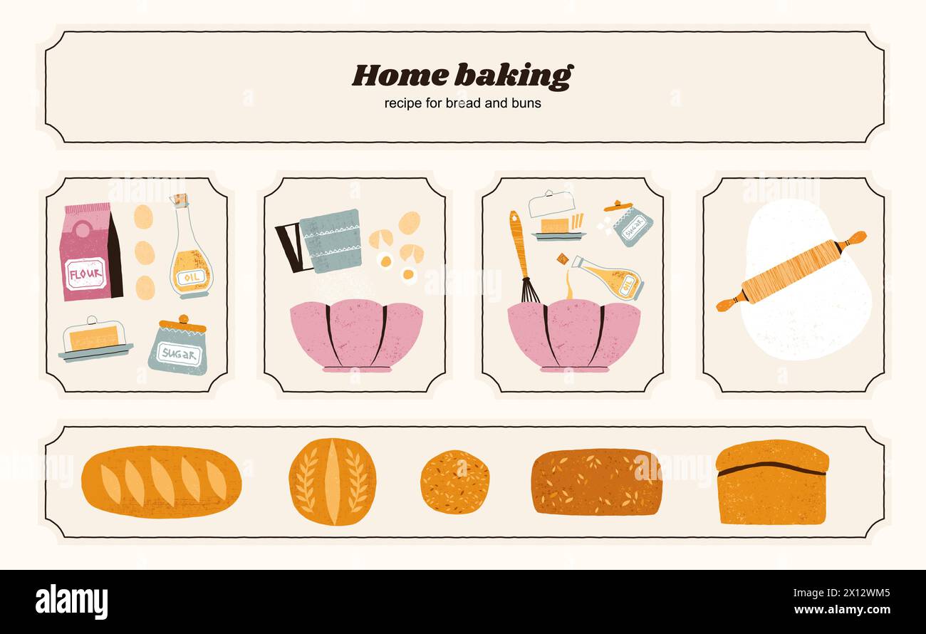 Homemade bread recipe. Baking ingredients and tools, traditional food preparation process, handmade bakery products. Vector set Stock Vector