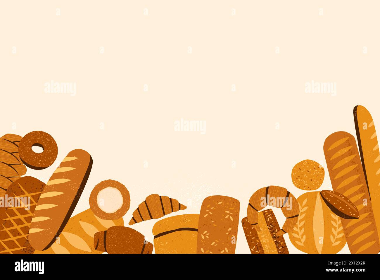 Bread background. Vintage bakery banner with bagels croissants baguette, traditional food assortment, crusty baked nutrition concept. Vector Stock Vector