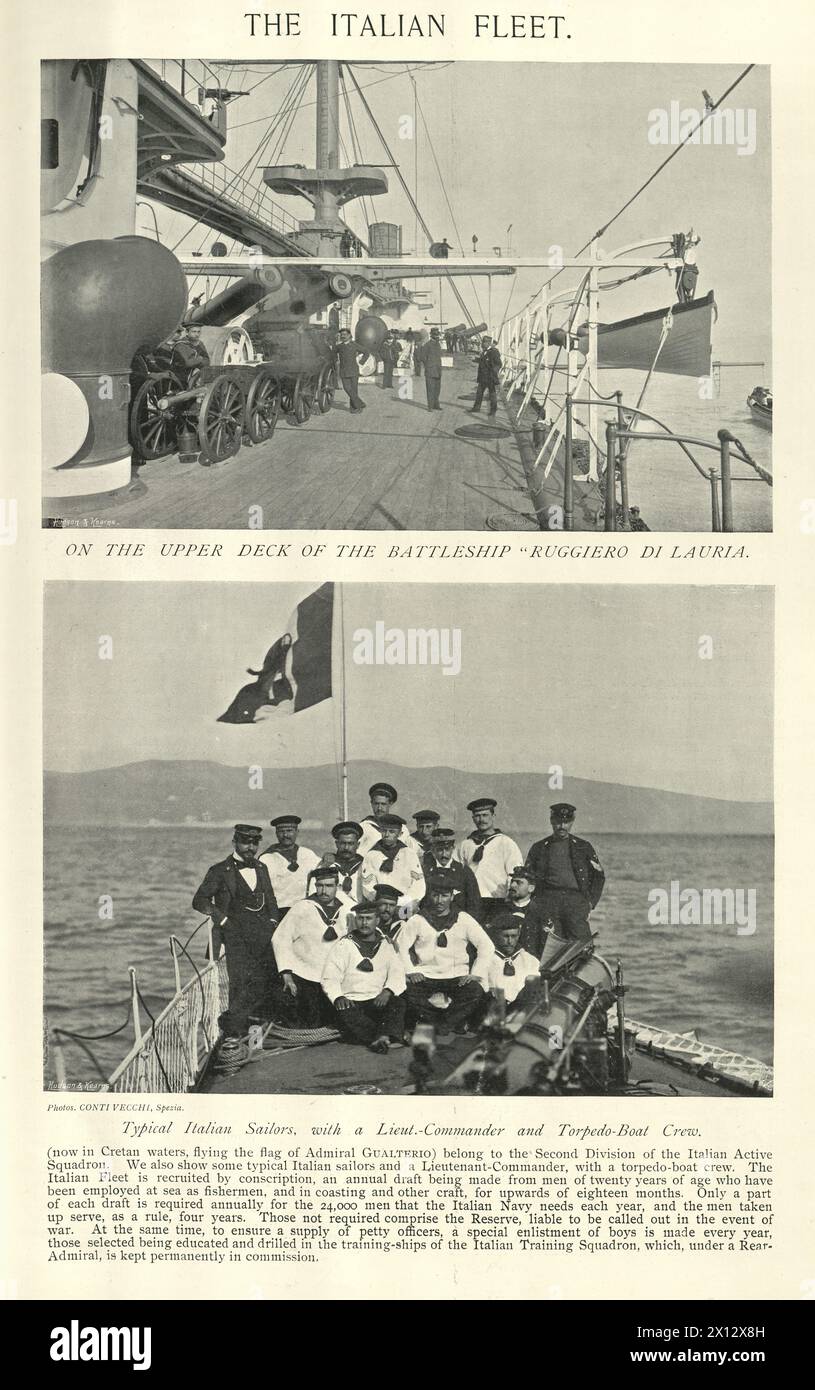 Vintage picture of Italian Navy Warships, Battelship Ruggiero De Lauria. Sailors on Torpedo boat, Navy Military History, 19th Century 1890s Stock Photo