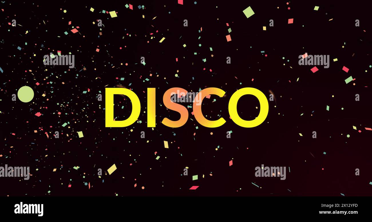 Image of disco text on black background with confetti Stock Photo