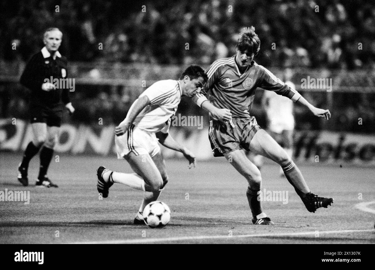 The photo was taken on October22nd 1986 on the occasion of the supercup football match Rapid Vienna vs. Lok Leipzig and shows Rapid's Zlatko Kranjcar (l.) struggling through the Lok-defense. - 19861022 PD0007 - Rechteinfo: Rights Managed (RM) Stock Photo