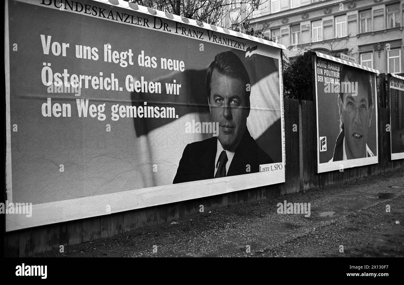 The photo of November 23rd 1986 shows election posters of Franz Vranitzky (SPOE) and Joerg Haider (FPOE) for the Austrian parliamentary elections 1986. - 19861123 PD0018 - Rechteinfo: Rights Managed (RM) Stock Photo