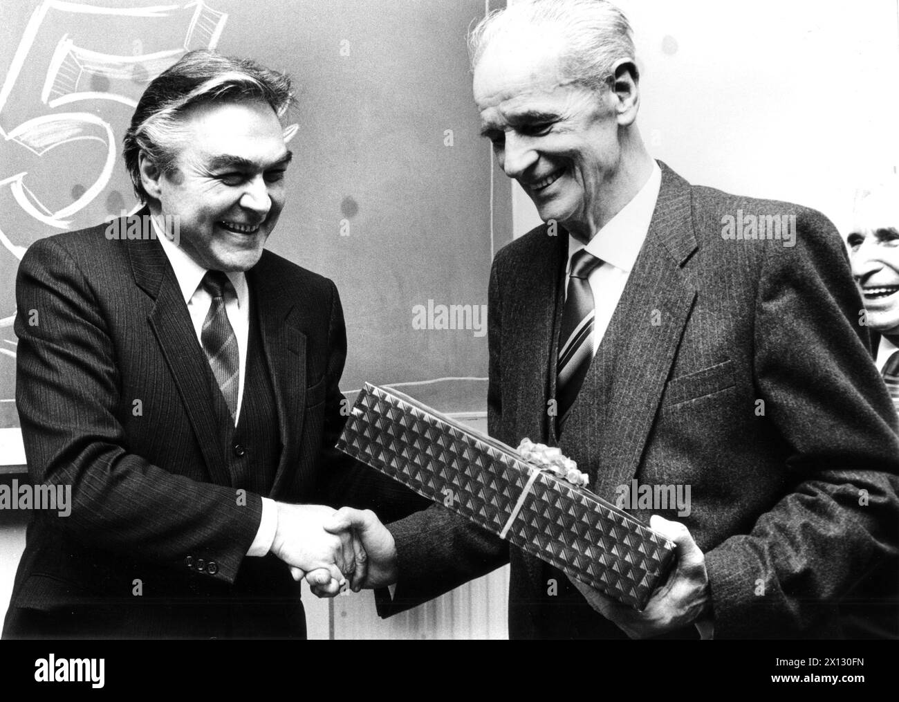 Franz Binder, an Austrian soccer legend, captured with Beppo Mauhart, president of the Austrian Football Association, on December 1st 1986. Due to his 75th birthday a special exhibition on Binder was opened in the Viennese Hanappi stadion. - 19861202 PD0005 - Rechteinfo: Rights Managed (RM) Stock Photo