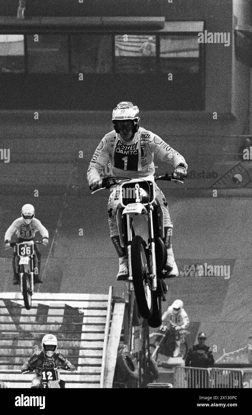 Motocross race in Vienna on January 23rd 1987: Austrian twice world champion,  Heinz Kinigadner, who had an total outage with his KTM. - 19870123 PD0006 - Rechteinfo: Rights Managed (RM) Stock Photo