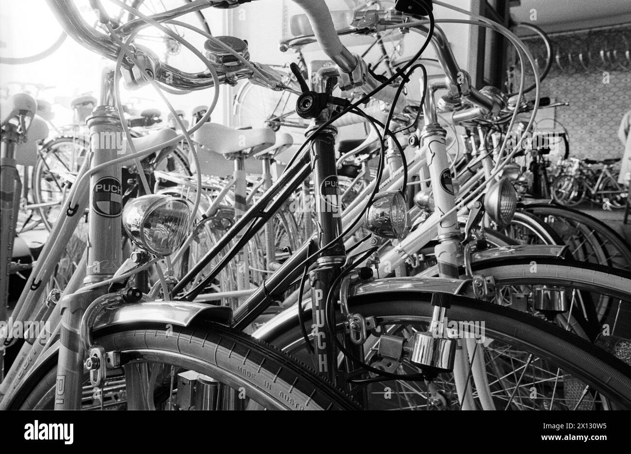 Bicycles of the company Puch, captured in Vienna on February 24th 1987. - 19870224 PD0004 - Rechteinfo: Rights Managed (RM) Stock Photo