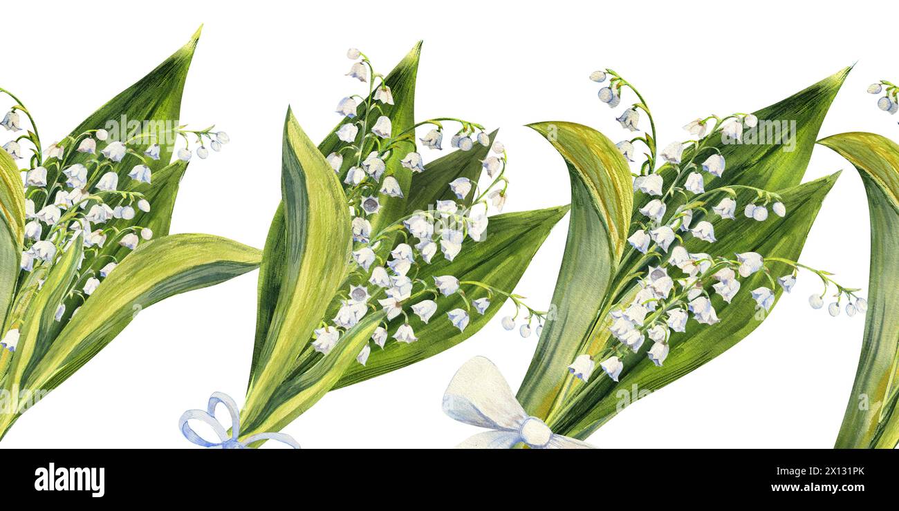 Seamless border with spring lily of the valley flowers. Watercolor ...