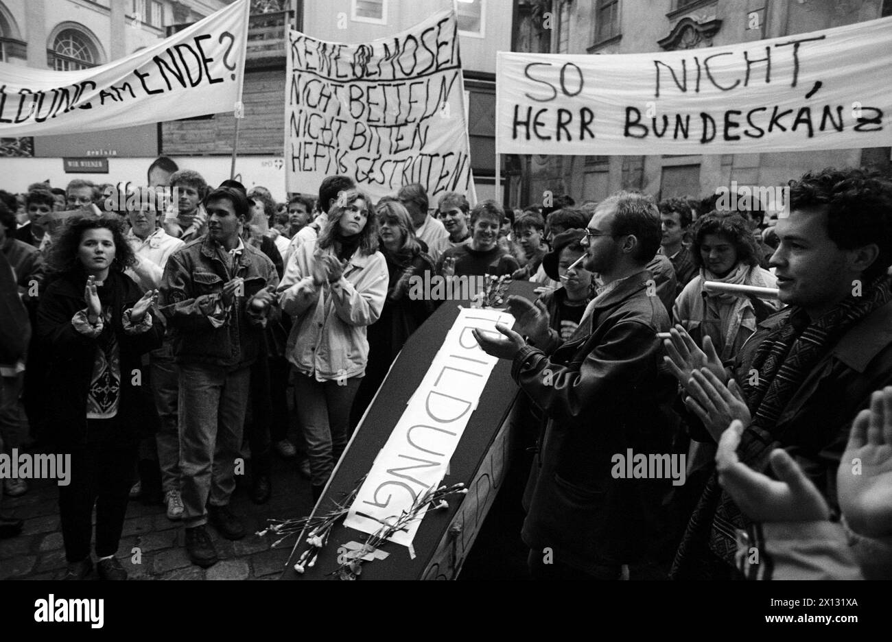 The photo was taken on October 22nd 1987 on the occasion of a huge student's demonstration against cuts in  education and social welfare and shows students of the Technic University burying the 'killed' education. - 19871022 PD0004 - Rechteinfo: Rights Managed (RM) Stock Photo