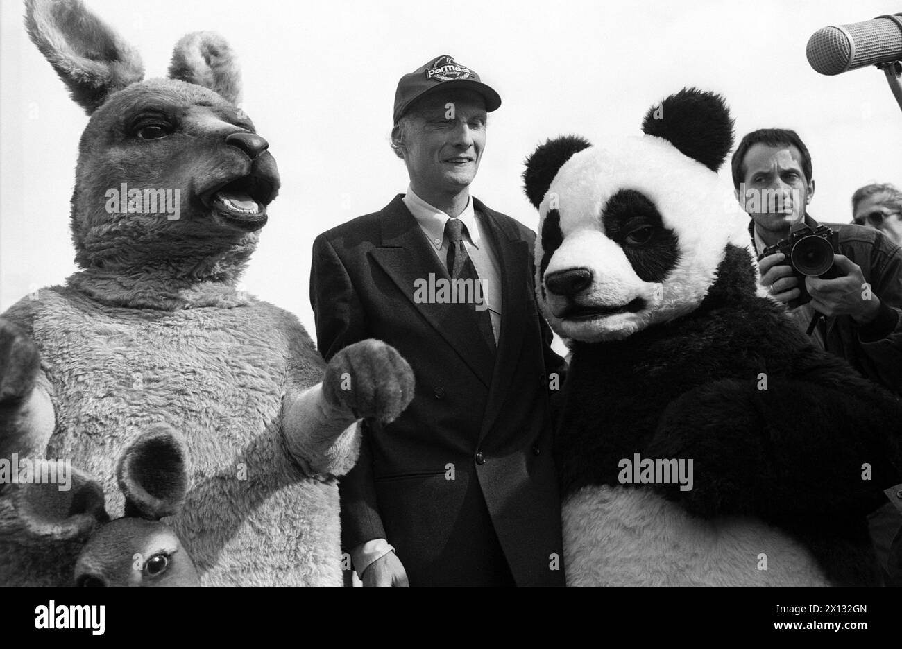The photo was taken on May 3rd 1988 on the occasion of the launching of the new Boeing 767-300 at the Vienna International Airport and shows the owner of the airline 'Lauda Air' Niki Lauda between the two mascots of the airline: a kangaroo and a panda. - 19880503 PD0010 - Rechteinfo: Rights Managed (RM) Stock Photo