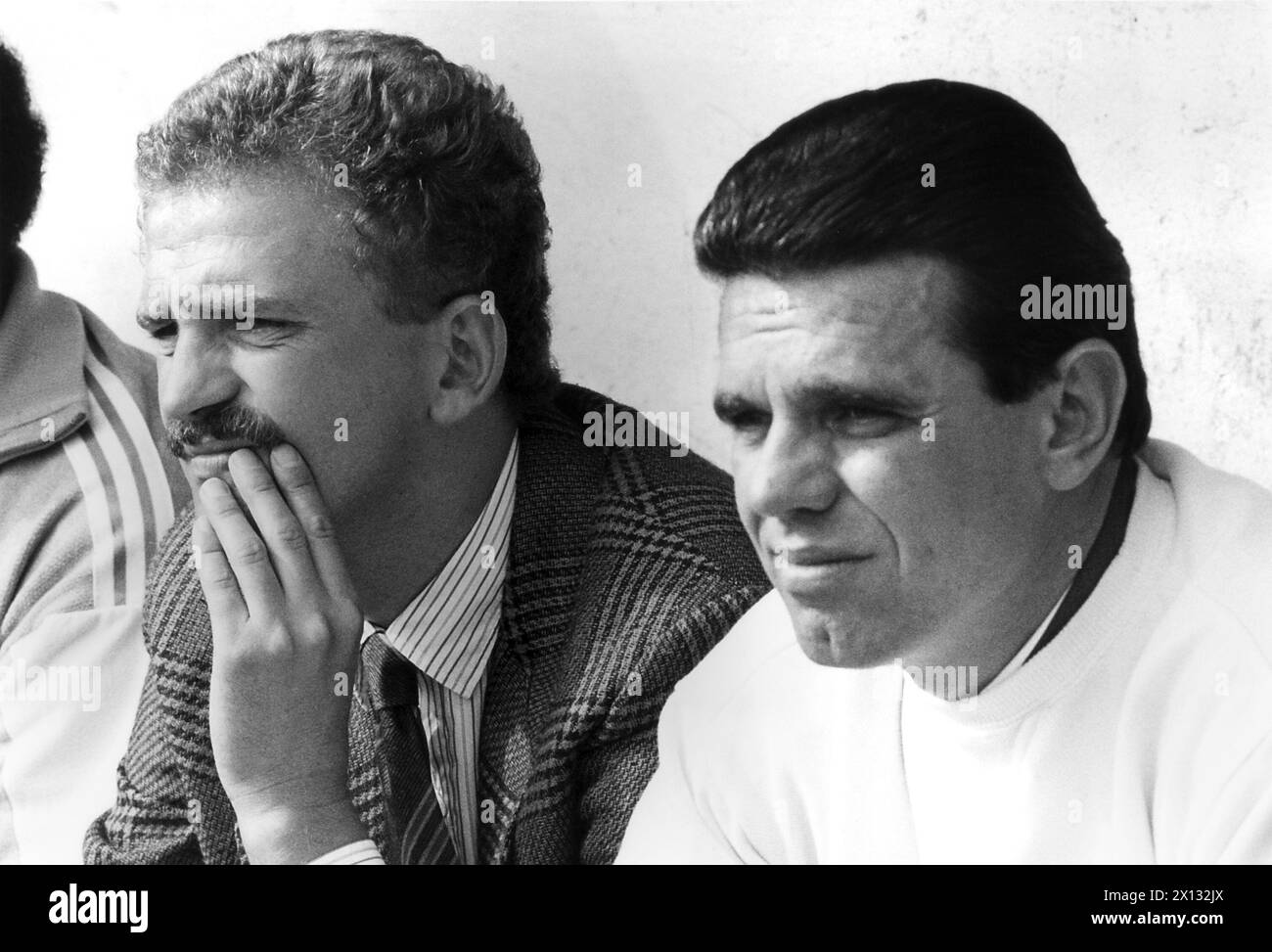 Trainer of Austria, Ferry Janotka (r.) and the banned Austria player Herbert Prohaska watch the Master Play-off between Austria Wien and Admira Wacker in the context of the Austrian Football Championship in Vienna on May 14th 1988. - - 19880514 PD0002 - Rechteinfo: Rights Managed (RM) Stock Photo