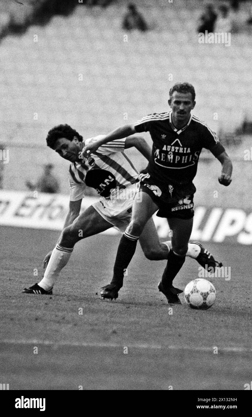 Vienna on May 27th 1988: Football League play-off and master play-off between Austria and Rapid in Vienna's Hanappi Stadium. In the picture: Austria captain Herbert Prohaska (r.) and Karl Brauneder (Rapid). - 19880527 PD0010 - Rechteinfo: Rights Managed (RM) Stock Photo