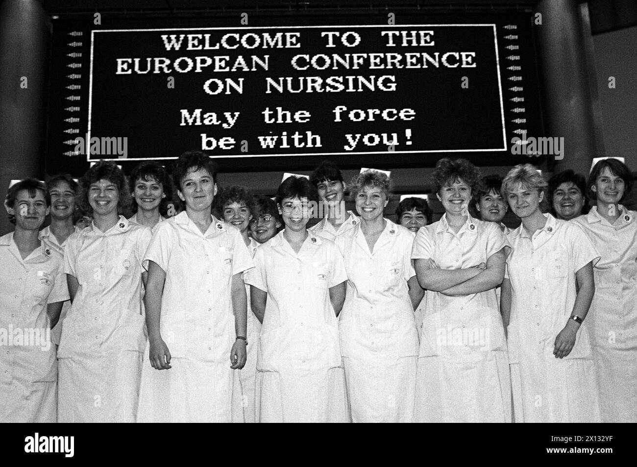 Vienna on June 21st 1988: Opening of the first European Conference on Nursing in the Austria Center Vienna. The 32 members of the WHO (World Health Organization) hold a meeting about their aims until 2000. In the picture: Student nurses. - 19880621 PD0002 - Rechteinfo: Rights Managed (RM) Stock Photo