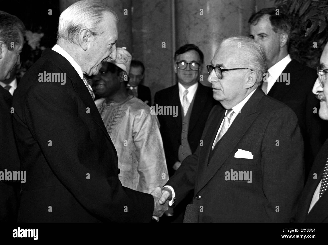 Vienna on January 12th 1989: Official New Year's reception of the diplomatic corps in Vienna's Hofburg. On the picture: Austria's Federal President Kurt Waldheim (l.) and the US-ambassador in Austria, Henry A. Grunwald. - 19890112 PD0002 - Rechteinfo: Rights Managed (RM) Stock Photo