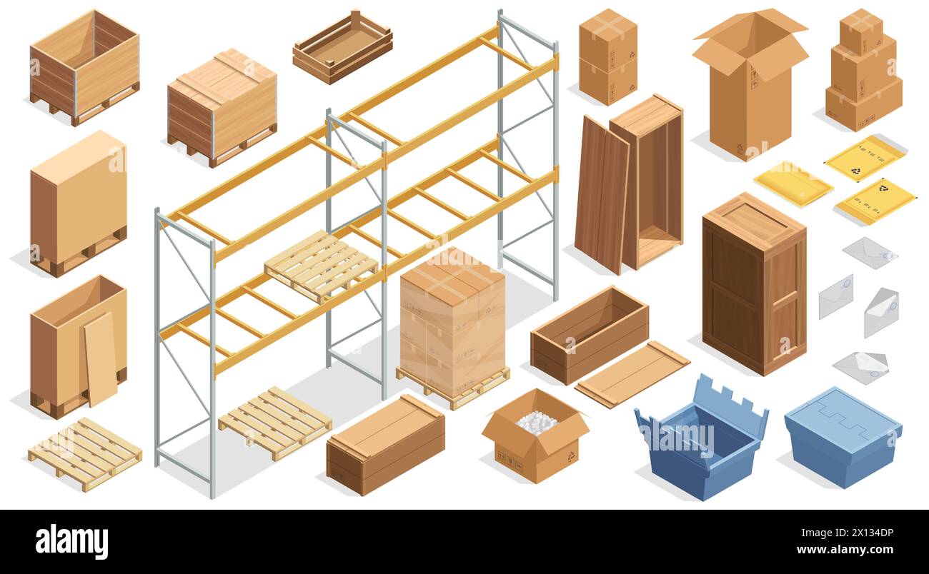 Isometric shipping packages. Closed cardboard carton boxes, open corrugated wooden crates, delivery cargo containers. Vector isolated set Stock Vector