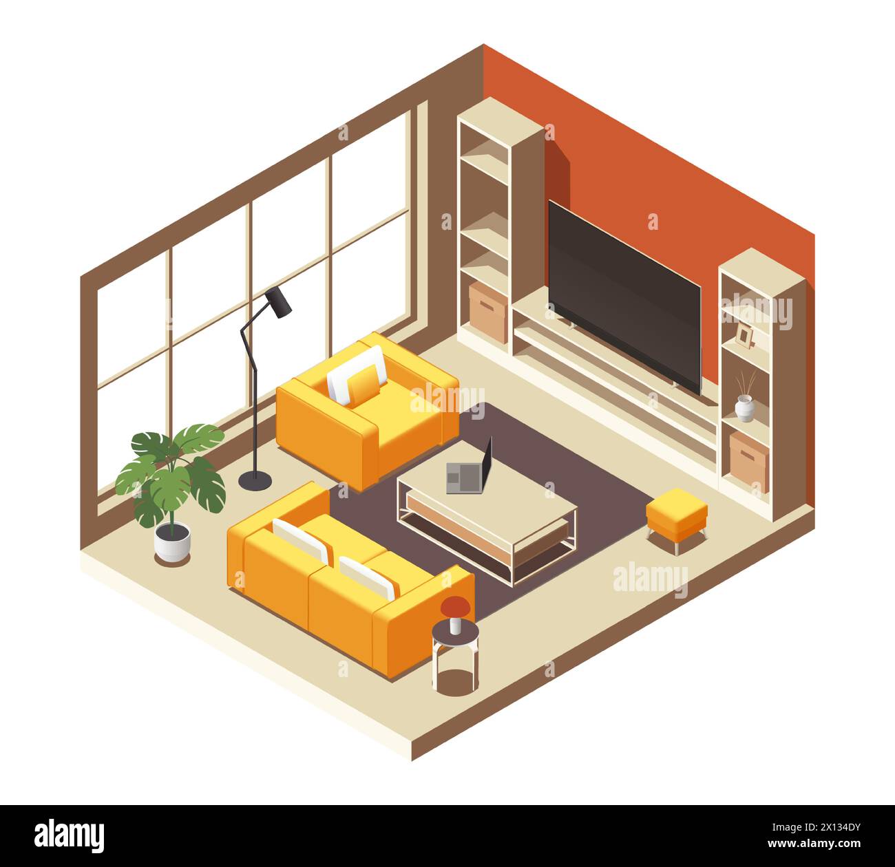 Isometric living room interior. Cartoon apartment with furniture, modern domestic room with sofa and armchair, home interior design. Vector Stock Vector