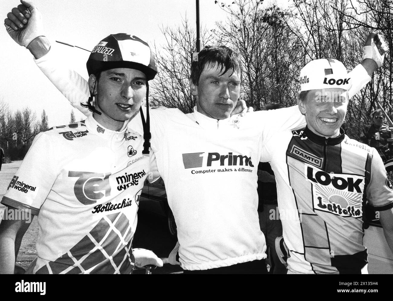 Vienna on March 18th 1990: The winners of the bicycle race 'Vienna-Eisenstadt-Vienna' : (f.l.t.r.) Dietmar Hauer (3rd place), Roman Kreuziger (1st place) and Georg Toddschnig (2nd place). - 19900318 PD0003 - Rechteinfo: Rights Managed (RM) Stock Photo