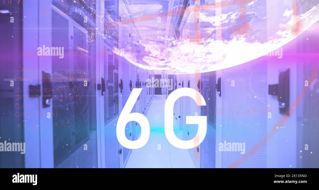 Image of 6g text, globe and maths calculations over computer server room Stock Photo