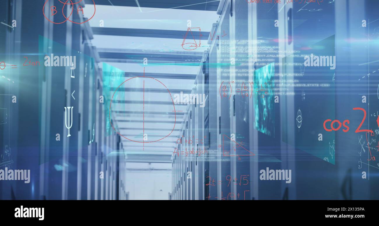 Image of processing data and maths calculations over computer server room Stock Photo