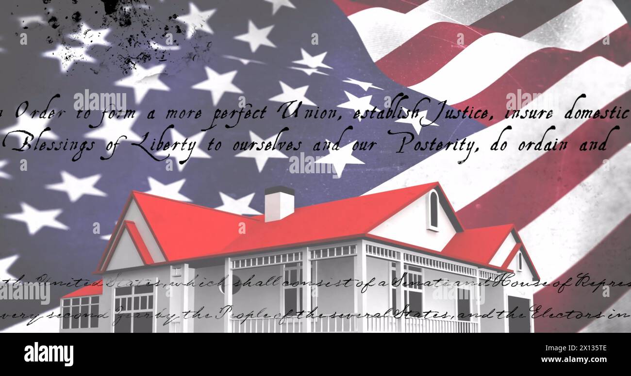 Image of text over house and flag of usa Stock Photo