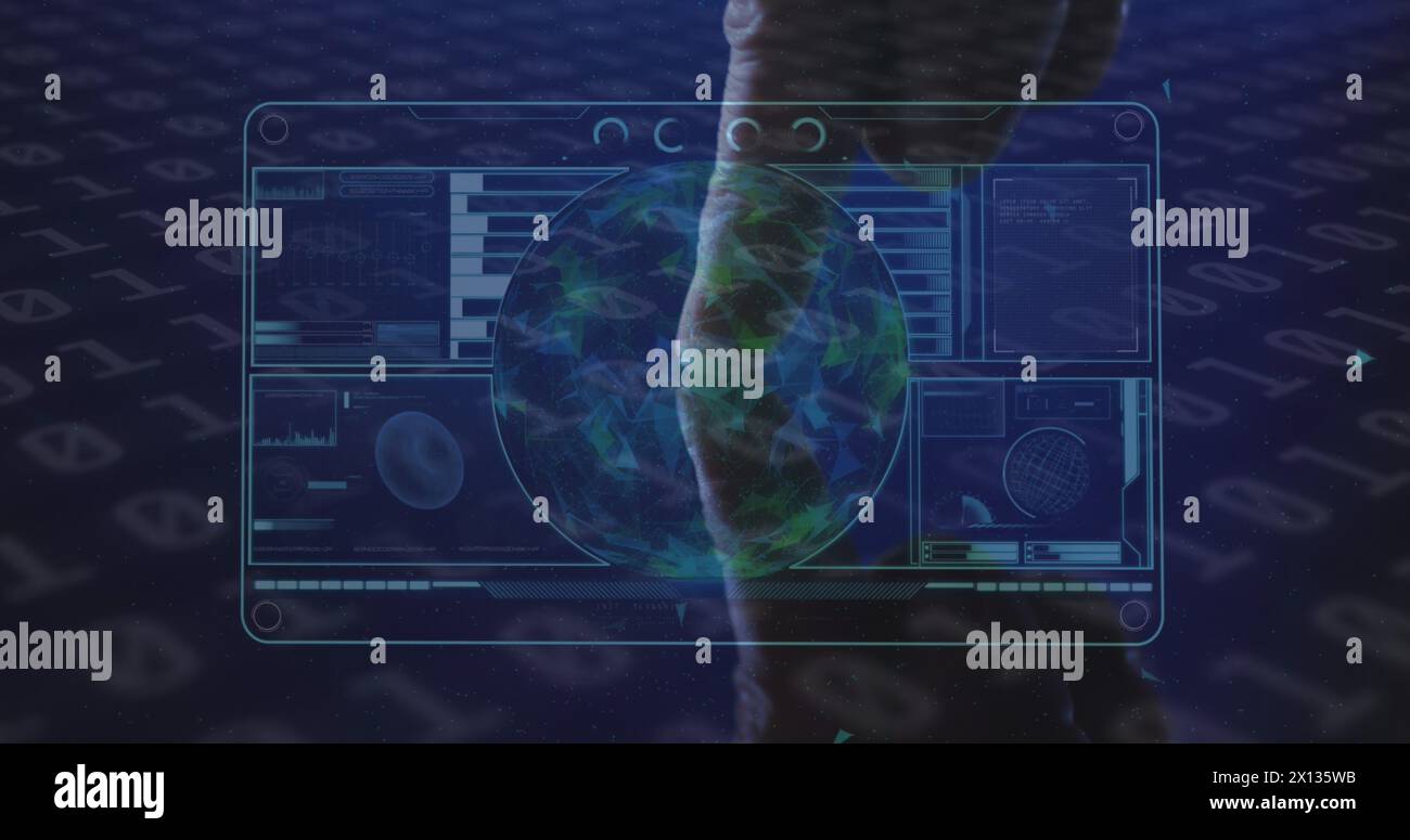 Image of data processing on digital screen and hand of man using touchscreen Stock Photo