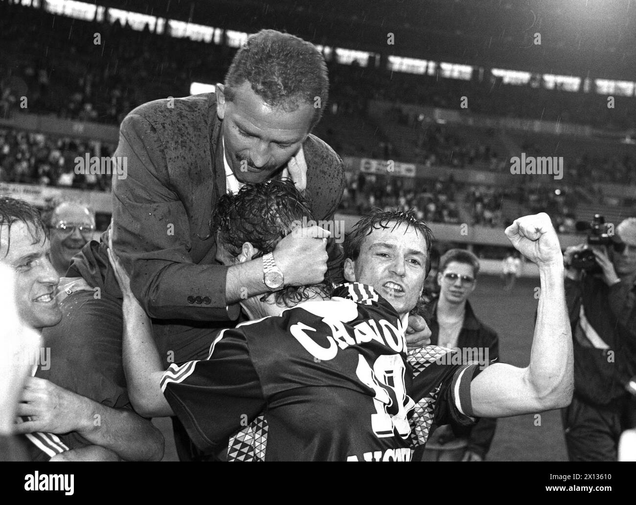 Vienna on May 12th 1990: Austria-trainer Herbert Prohaska and his players jubilate after they've won the Cup 1989/90 against Rapid. - 19900512 PD0005 - Rechteinfo: Rights Managed (RM) Stock Photo
