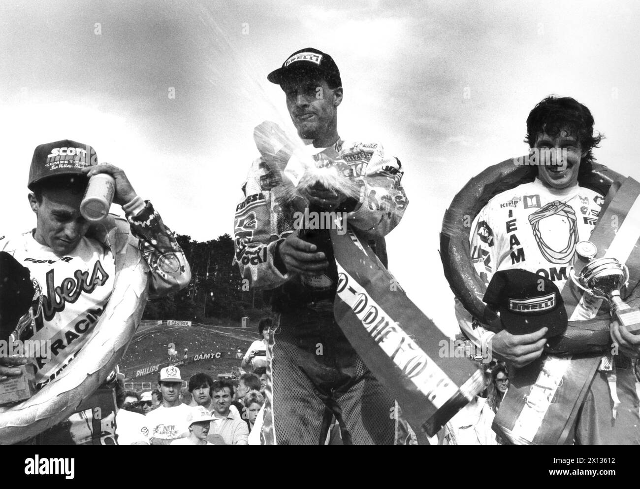 Third run of the Motocross WCH in Sittendorf on June 6th 1990. In the picture (f.l.t.r.): Jacky Martens (2nd place, Luxemburg), David Thorpe (1st place, England) and Franco Rossi (3rd place, Italy). - 19900506 PD0002 - Rechteinfo: Rights Managed (RM) Stock Photo