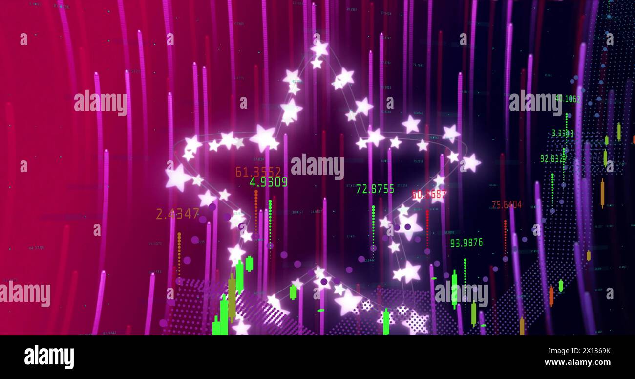 Image of data processing and stars over light trails on purple ...