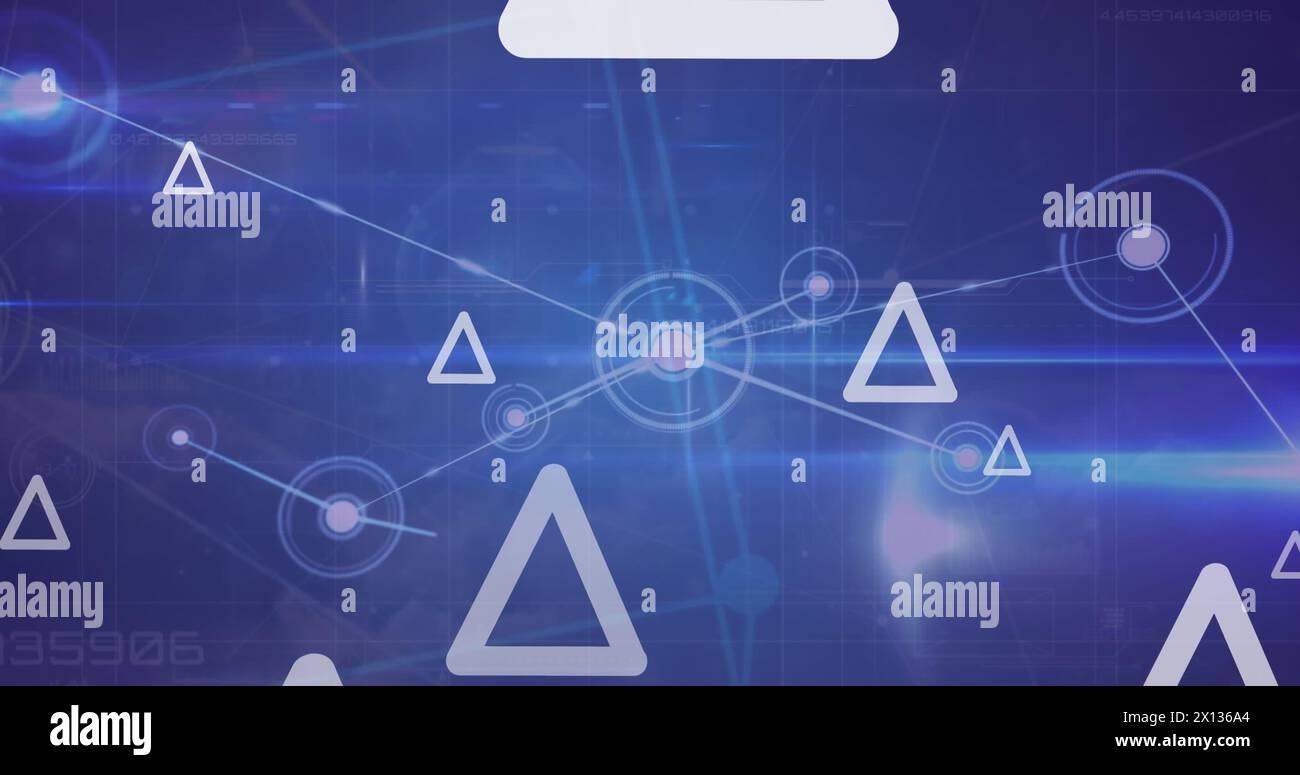 Image of triangles over network of connections on blue background Stock ...