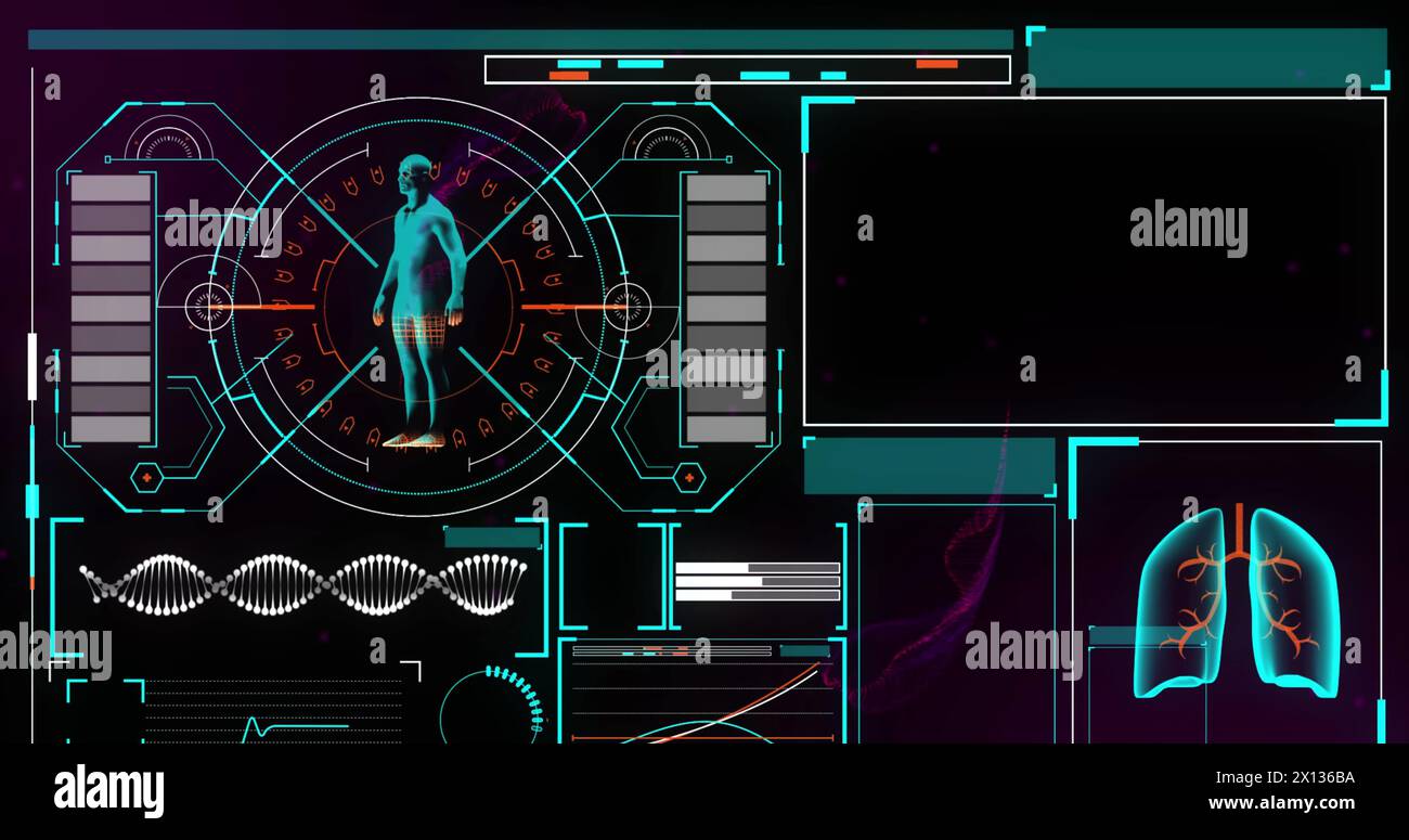 Image of data processing over shapes on black background Stock Photo