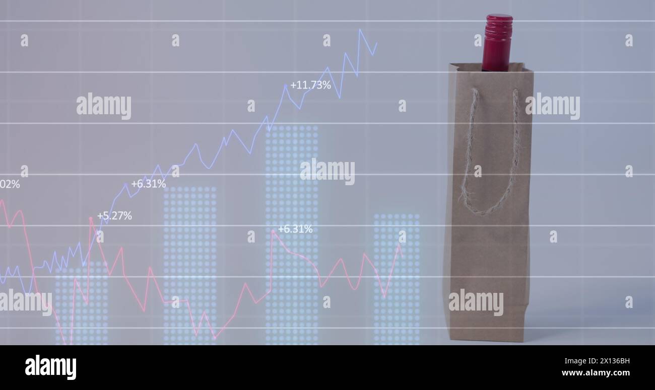 Image of financial data and graphs over paper shopping bag with alcohol ...