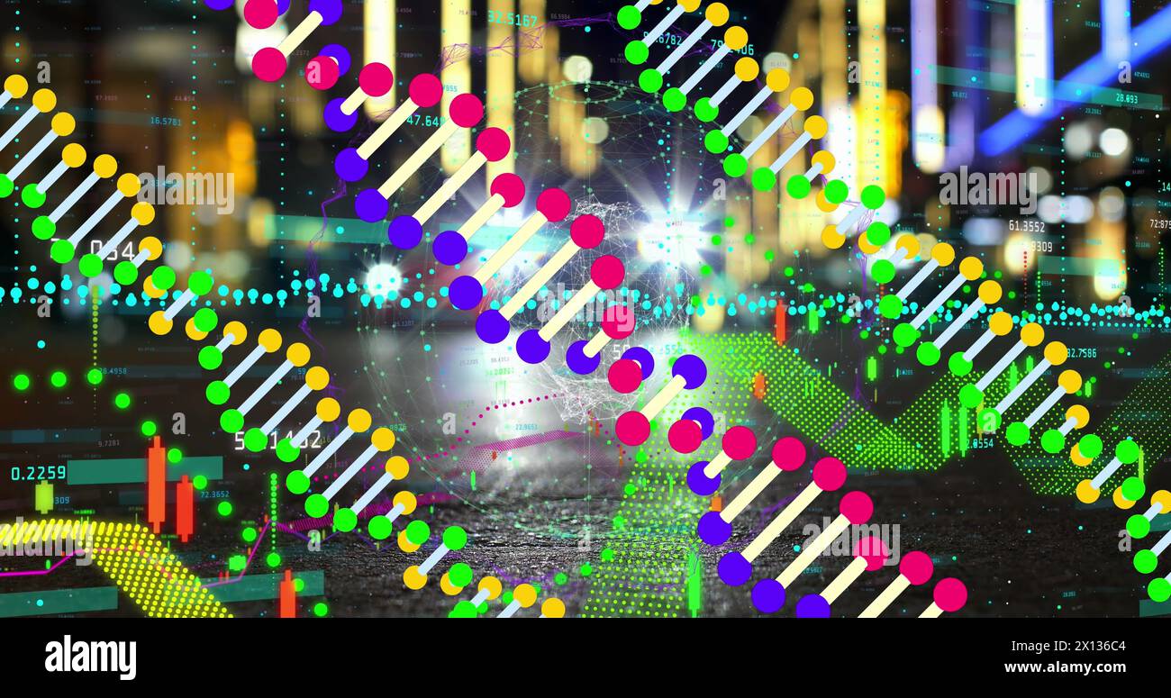 Image of data processing over dna strands and cityscape Stock Photo