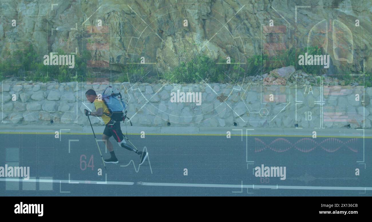 Image of digital screen over african american man with prosthetic legs training on road Stock Photo