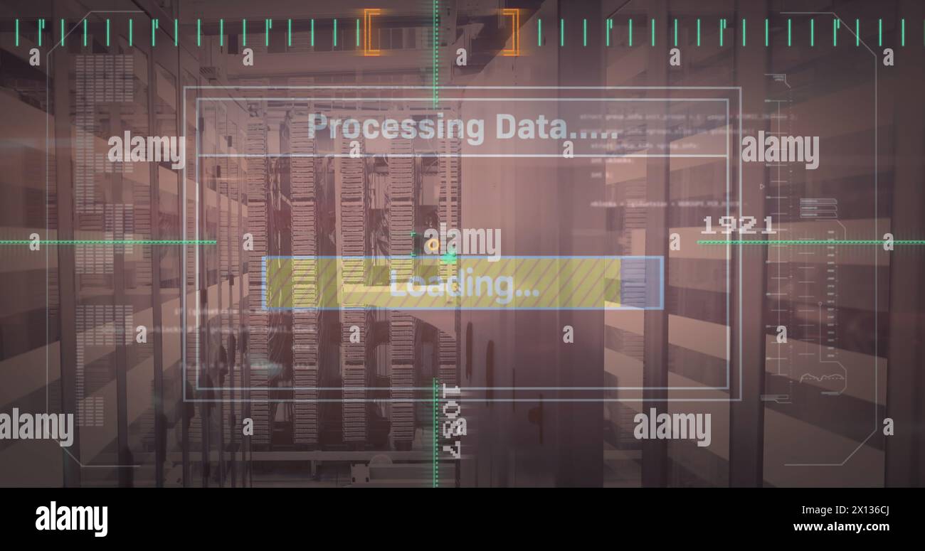 The digital interface with data processing is shown against an orange background the data processing Stock Photo
