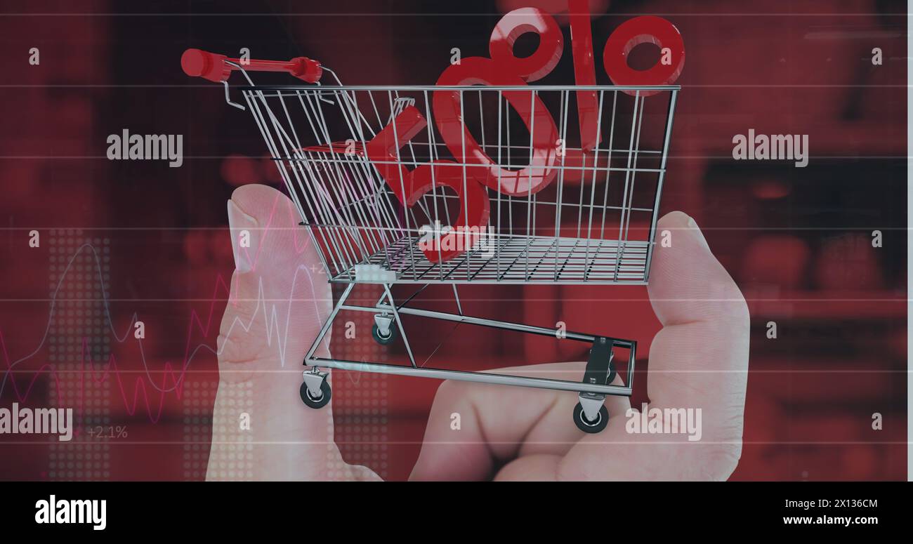 Image of data processing over 50 percent and hand with shopping cart Stock Photo