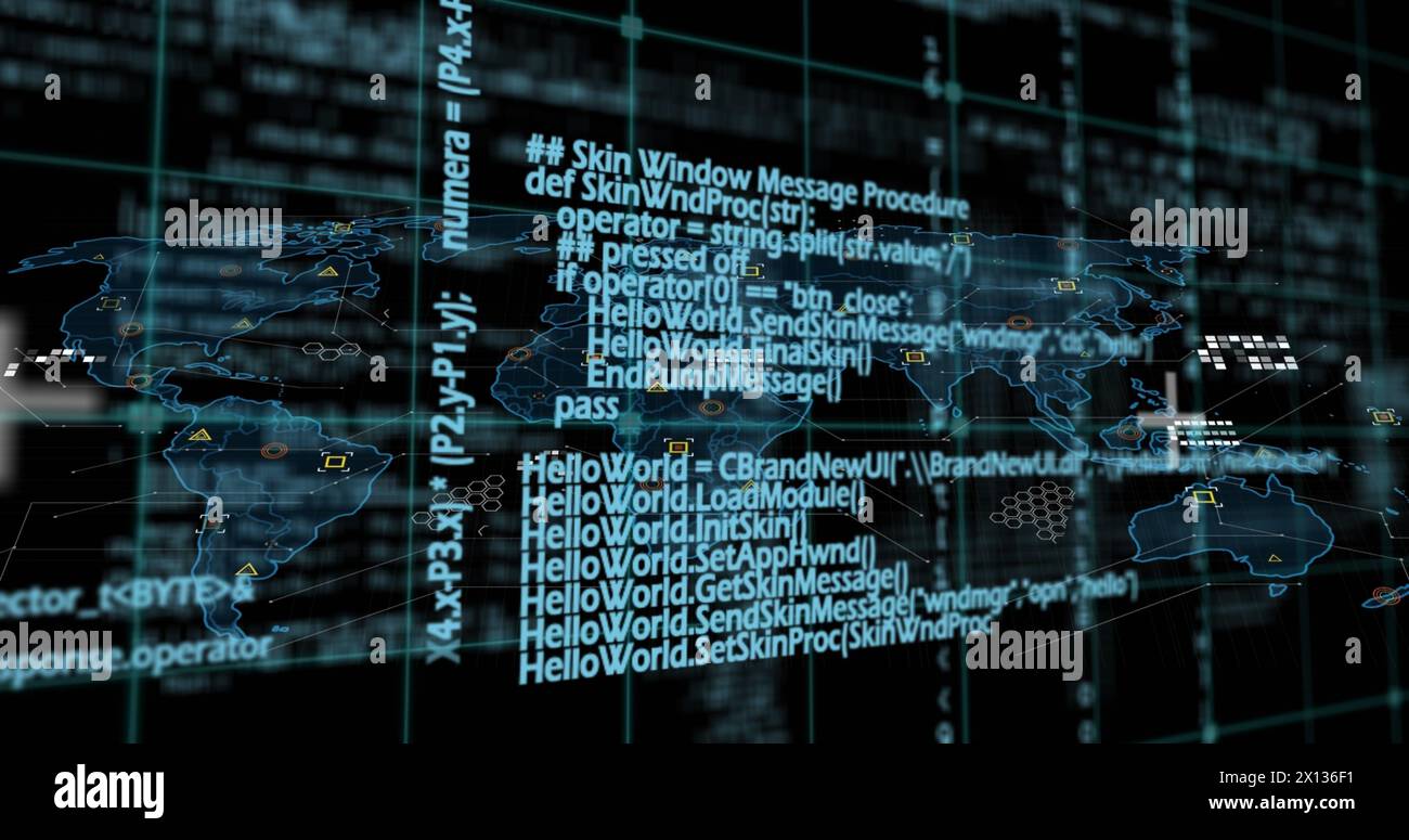 Image of programming language and scientific formulas over map against ...