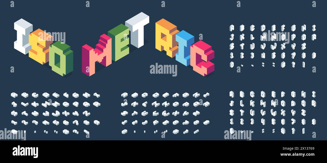 Isometric font. Futuristic 3D alphabet with colorful geometric shapes ...
