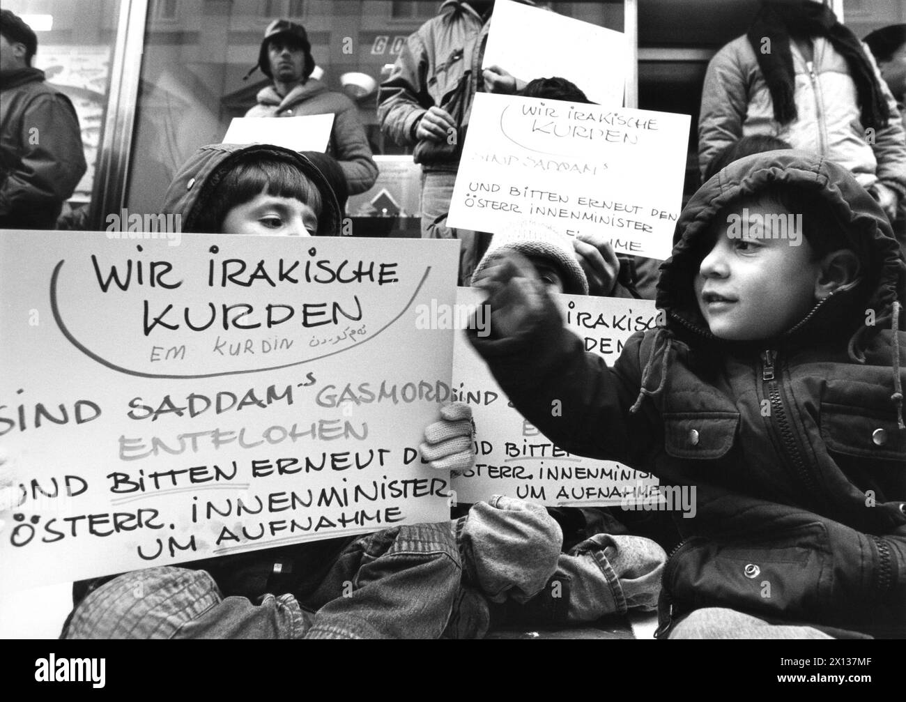 Vienna on February 19th 1991: Demonstration of about 30 Iraqi Kurds in front the interior ministry. They asked for asylum in Austria after their escape from Iraq under Saddam Hussein's regency. - 19910219 PD0010 - Rechteinfo: Rights Managed (RM) Stock Photo