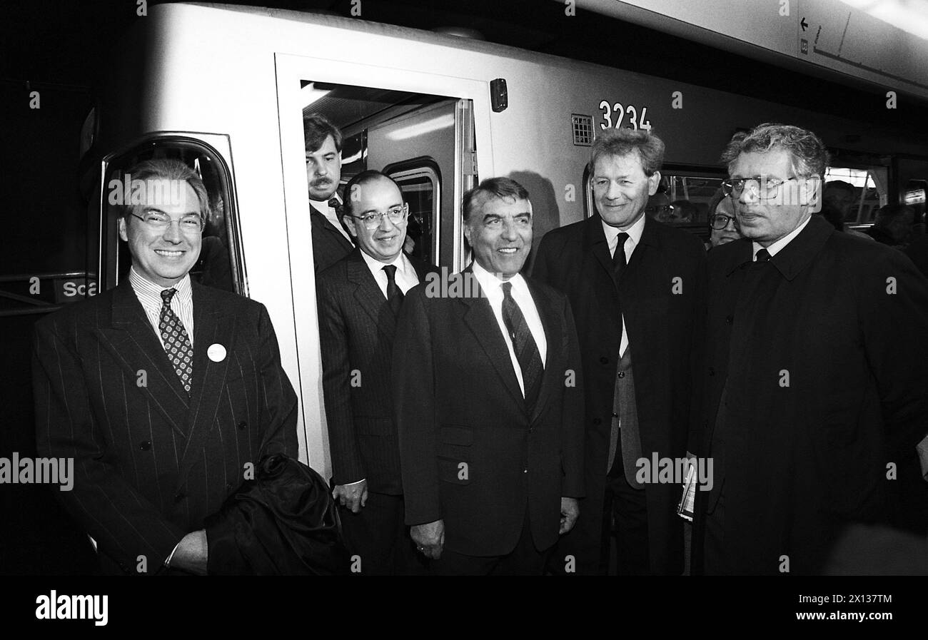 Vienna on April 3rd 1991: Vienna's new, fifth underground line 'U3', which connects 'Erdberg' with 'Volkstheater' will be opened on April 6th. In the picture (l-r): OEVP-city councillor Heinrich Wille, Sevilla's mayor Manuel del Valle, Vienna's mayor Helmut Zilk, city councillor for traffic Johann Hatzl and traffic minister Rudolf Streicher. - 19910406 PD0007 - Rechteinfo: Rights Managed (RM) Stock Photo
