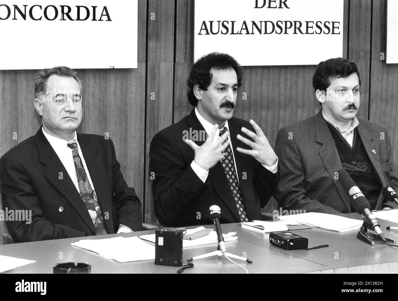 Vienna on April 17th 1991: Representatives of Iraqi, Iranian and Turkish Kurds in Austria took part in a press conference on the 'Kurd's situation'. (f.l.t.r.) Ibrahim Pirot (Iran), Selman Arslan (Turkey) and Bahrami Khosrow (Iran). - 19910417_PD0007 - Rechteinfo: Rights Managed (RM) Stock Photo