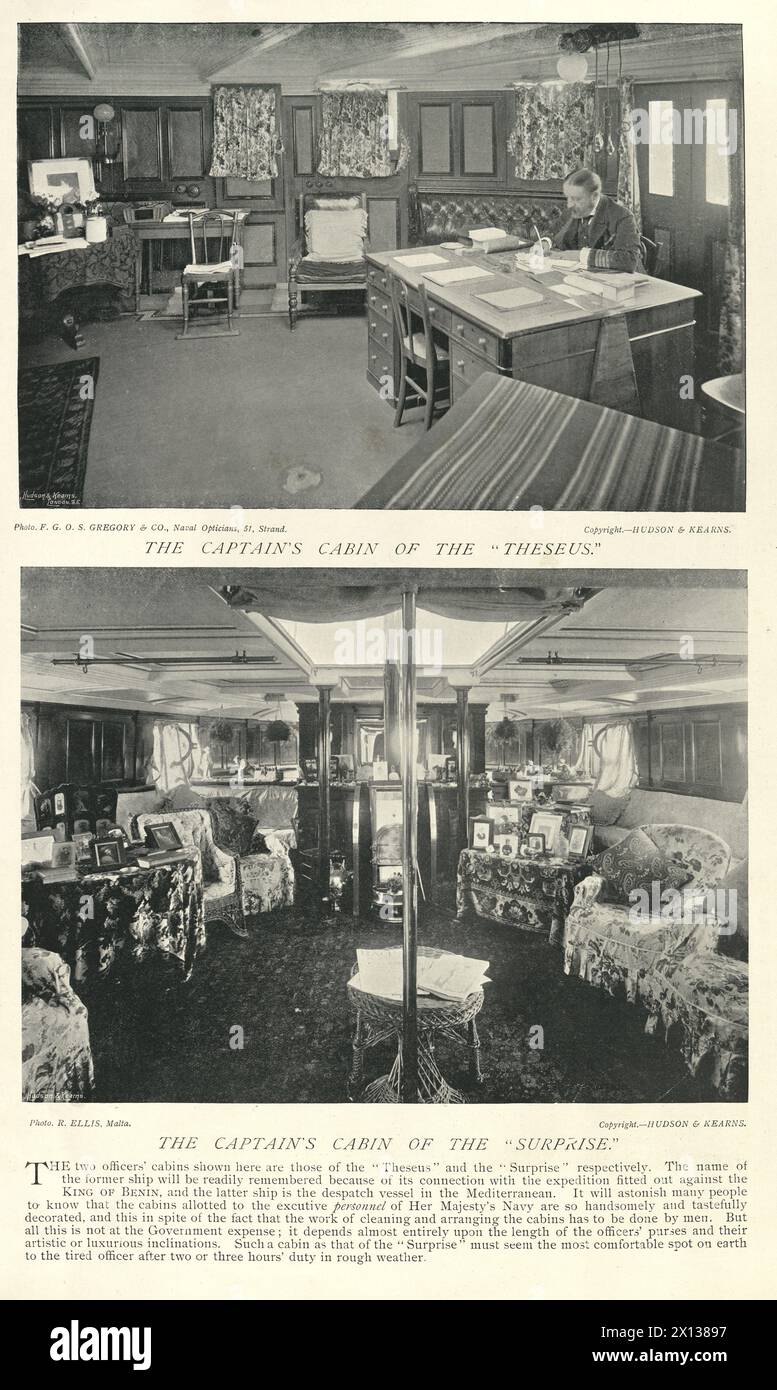 Vintage picture of Royal Navy warships, Captain's cabin, HMS Theseus and HMS Surprise, Military History, 1890s, 19th Century Stock Photo