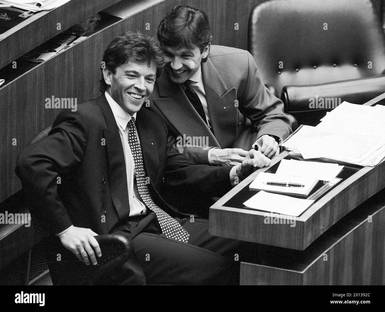 Joerg Haider and Walter Meischberger at the day of Joerg Haiders appointment in the Austrian Parlament on 11nd March 1992. - 19920311 PD0007 - Rechteinfo: Rights Managed (RM) Stock Photo