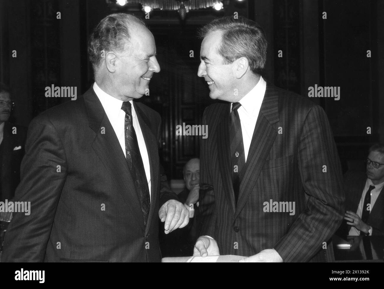 Austrian Minister of Foreign Affaires Alois Mock (r) and governor of Tyrol Alois Partl at the beginning of a conference on March 12, 1992 in Vienna. - 19920312 PD0004 - Rechteinfo: Rights Managed (RM) Stock Photo